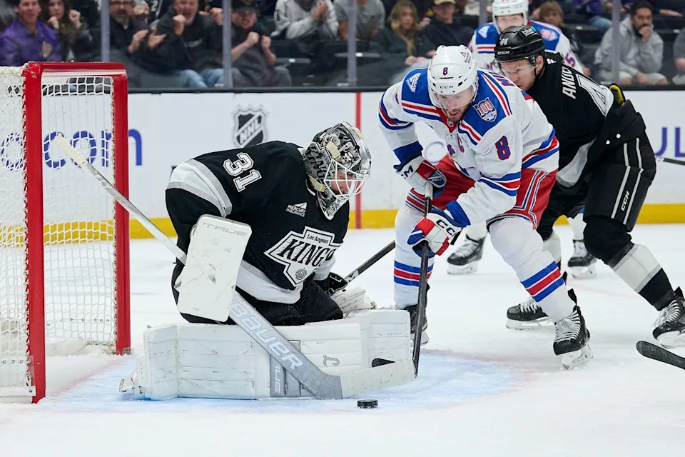 The Los Angeles Kings goaltender Anton Forsberg (31) makes a save against the New York Rangers at the Crypto Arena on January 20th, 2026 in Los Angeles California.