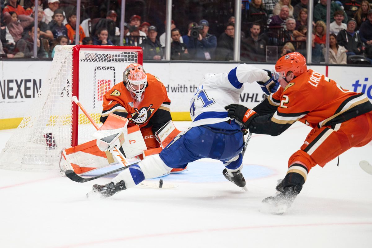 Anaheim goal tender Lukas Dostal (1) defends a goal attempt against the Lightning at the Honda Center on December 31,2025 in Anaheim, California. Anaheim goal tender Lukas Dostal (1) defends a goal attempt against the Lightning at the Honda Center on December 31,2025 in Anaheim, California.
