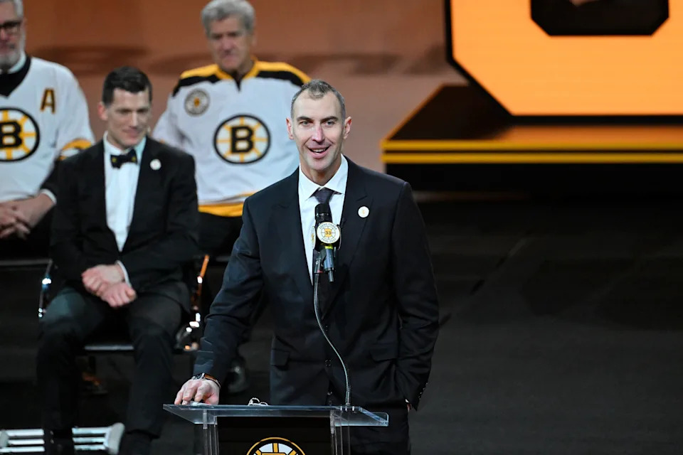 Former Boston Bruins captain Zdeno Chara speaks at a ceremony to retire his number before a game between the Bruins and the Seattle Kraken at TD Garden on Thursday, Jan. 15.