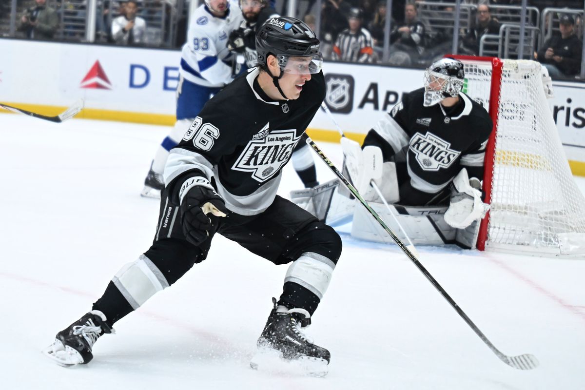 The Los Angeles Kings left wing  Andrei Kuzmenko (96) plays defense against the lightning at the Crypto Arena on January 1st, 2026 in Los Angeles  California.