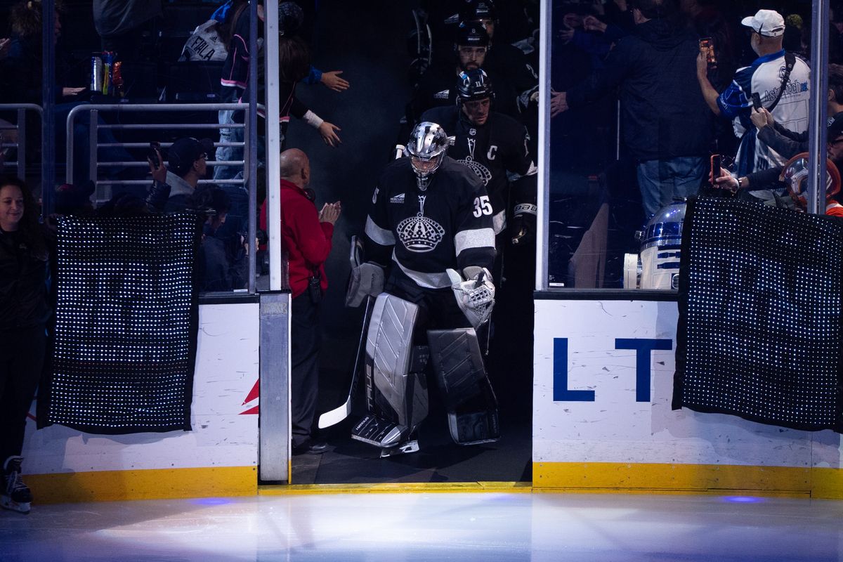 Los Angeles Kings Goalie Darcy Kuemper (35) leads the team out the tunnel in a NHL game against the Minnesota Wild at the Crypto.com Arena on January 3rd, 2026 in Los Angeles  California.