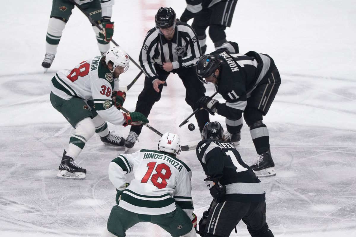 Los Angeles Kings Center Anze Kopitar  (11) has a face off in the middle of the ice in a NHL game against the Minnesota Wild at Crypto.com Arena on January 3rd, 2026 in Los Angeles  California.