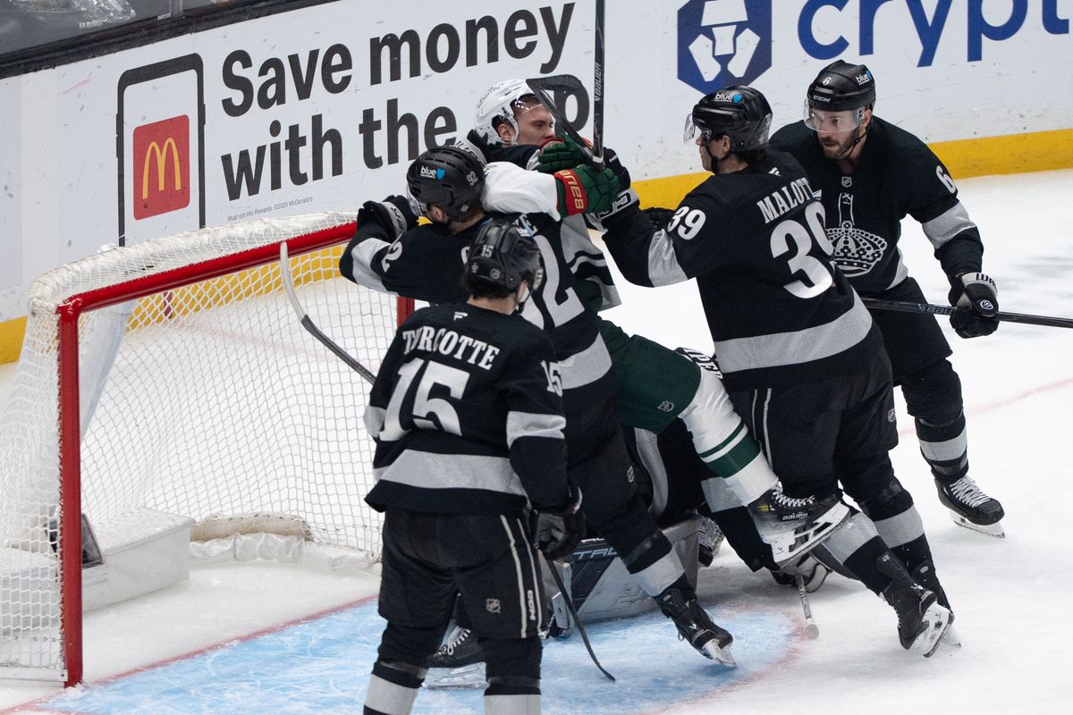 Los Angeles Kings players get into a scuffle after attempting to score a goal in a NHL game against the Minnesota Wild at Crypto.com Arena on January 3rd, 2026 in Los Angeles  California.