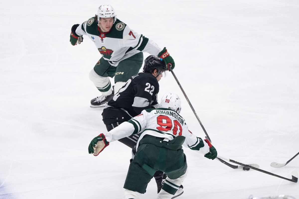 Los Angeles Kings Left Wing Kevin Fiala (22) splits between two defenders to try and score in a NHL game against the Minnesota Wild at Crypto.com Arena on January 3rd, 2026 in Los Angeles  California.