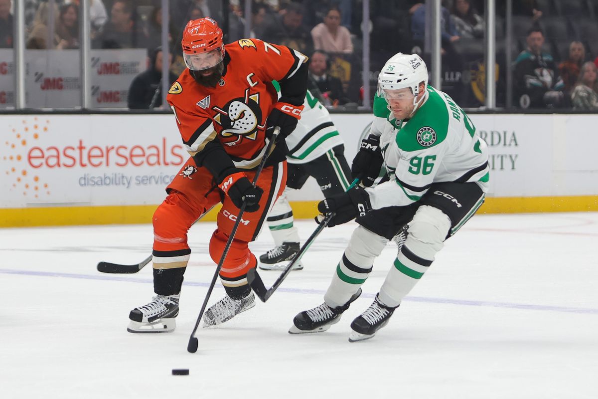 Anaheim Ducks defenseman Radko Gudas (7) skates with the puck during an NHL game against the Dallas Stars on January 13, 2026 in Anaheim, CA. Anaheim Ducks defenseman Radko Gudas (7) skates with the puck during an NHL game against the Dallas Stars on January 13, 2026 in Anaheim, CA.