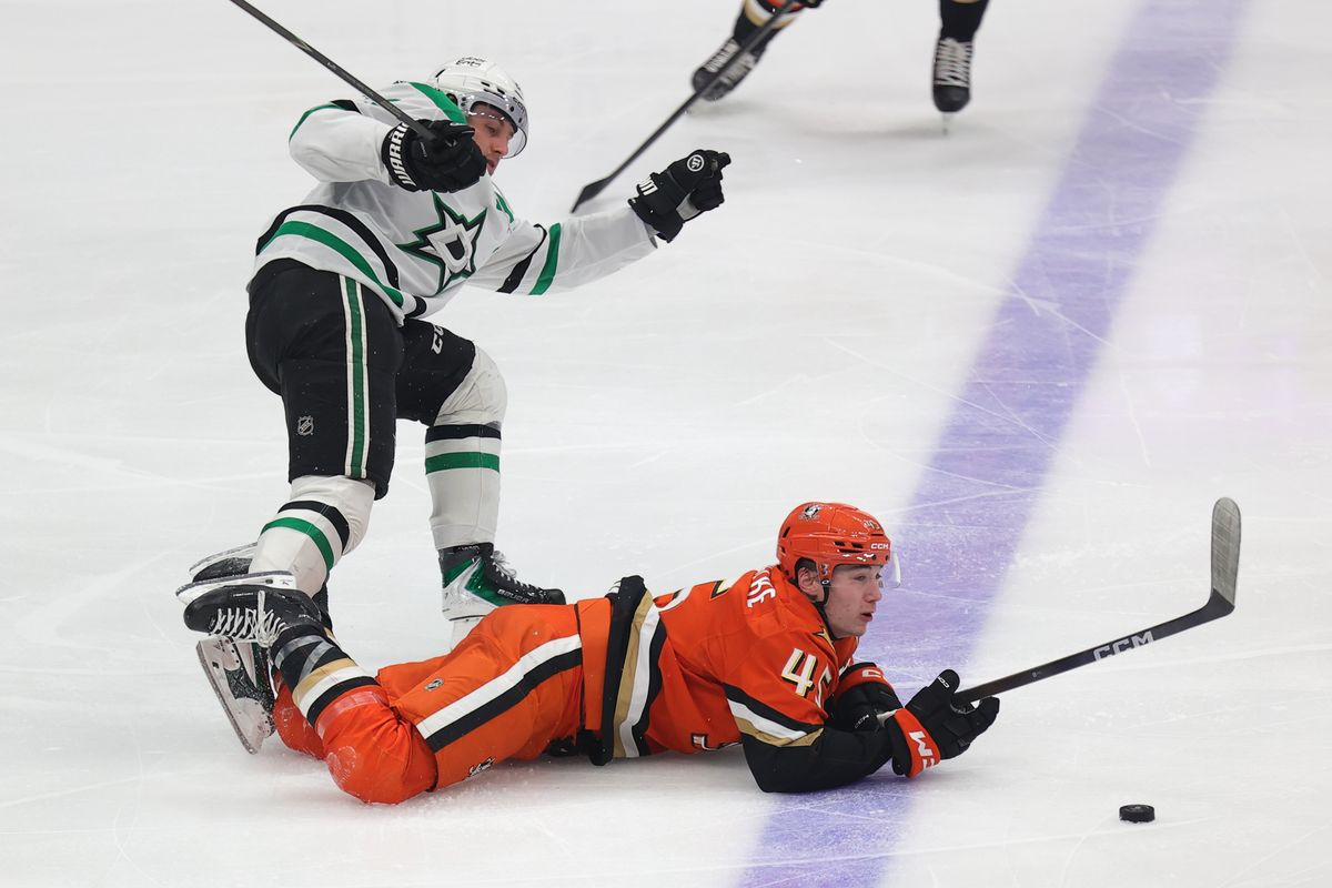 Anaheim Ducks right winger Beckett Sennecke (45) drops to the ice during an NHL game against the Dallas Stars on January 13, 2026 in Anaheim, CA. Anaheim Ducks right winger Beckett Sennecke (45) drops to the ice during an NHL game against the Dallas Stars on January 13, 2026 in Anaheim, CA.
