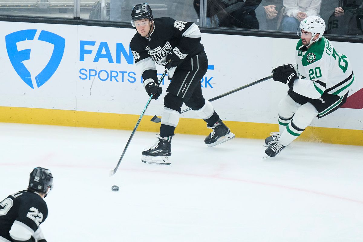 The Los Angeles Kings left wing Andrei Kuzmenko (96) passes the puck against the Dallas Stars at the Crypto Arena on January 12th, 2026 in Los Angeles California. The Los Angeles Kings left wing Andrei Kuzmenko (96) passes the puck against the Dallas Stars at the Crypto Arena on January 12th, 2026 in Los Angeles California.