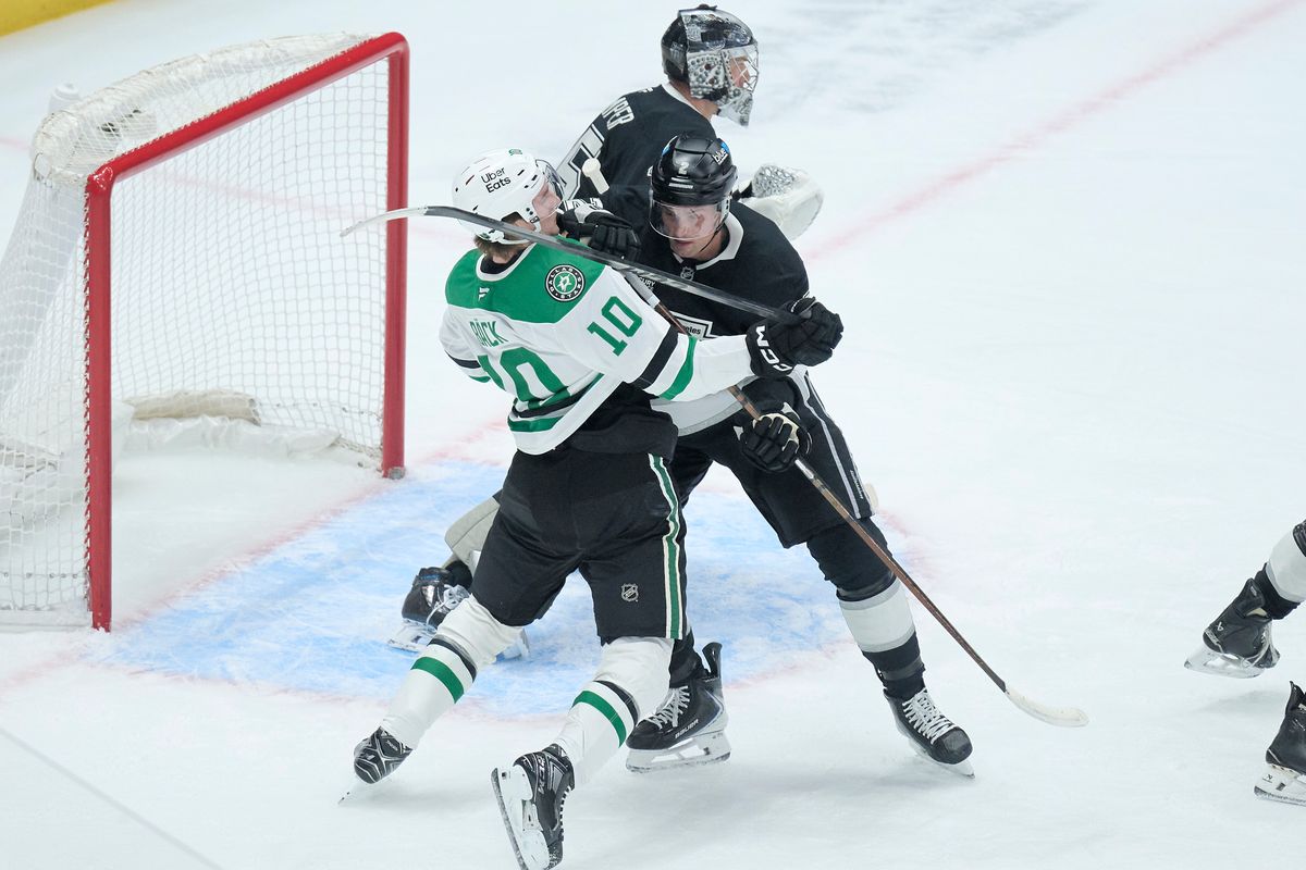 The Los Angeles Kings defender Brian Dumoulin (2) defends the goal against the Dallas Stars at the Crypto Arena on January 12th, 2026 in Los Angeles California. The Los Angeles Kings defender Brian Dumoulin (2) defends the goal against the Dallas Stars at the Crypto Arena on January 12th, 2026 in Los Angeles California.