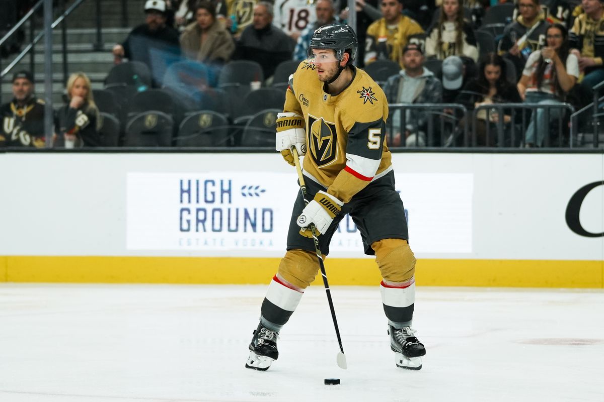 Vegas Golden Knights defensemen Jeremy Lauzon scans the ice during third period of NHL game against Nashville Predators on Saturday Jan. 17, 2026 at T-Mobile Arena in Las Vegas.