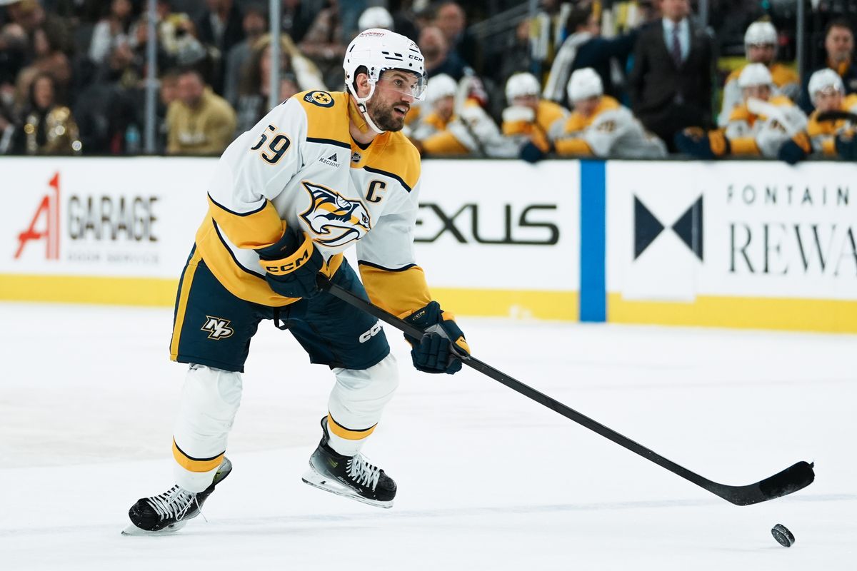 Nashville Predators defenseman Roman Josi (59) skates the puck down the ice during third period of NHL game against Vegas Golden Knights on Saturday Jan. 17, 2026 at T-Mobile Arena in Las Vegas.