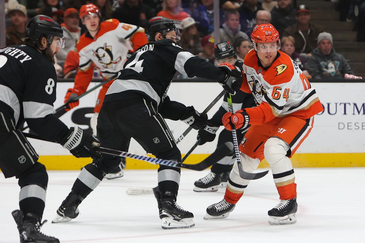 Los Angeles Kings defenseman Mikey Anderson (44) battles for position with Anaheim Ducks center Mikael Grandlund (64) during an NHL game on January 17, 2026 in Anaheim, CA. Los Angeles Kings defenseman Mikey Anderson (44) battles for position with Anaheim Ducks center Mikael Grandlund (64) during an NHL game on January 17, 2026 in Anaheim, CA.