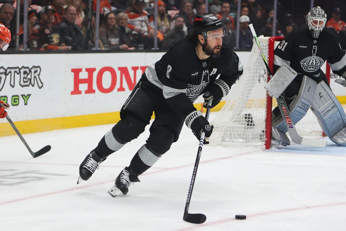 Los Angeles Kings defenseman Drew Doughty (8) skates with the puck during an NHL game against the Anaheim Ducks on January 17, 2026 in Anaheim, CA. Los Angeles Kings defenseman Drew Doughty (8) skates with the puck during an NHL game against the Anaheim Ducks on January 17, 2026 in Anaheim, CA.