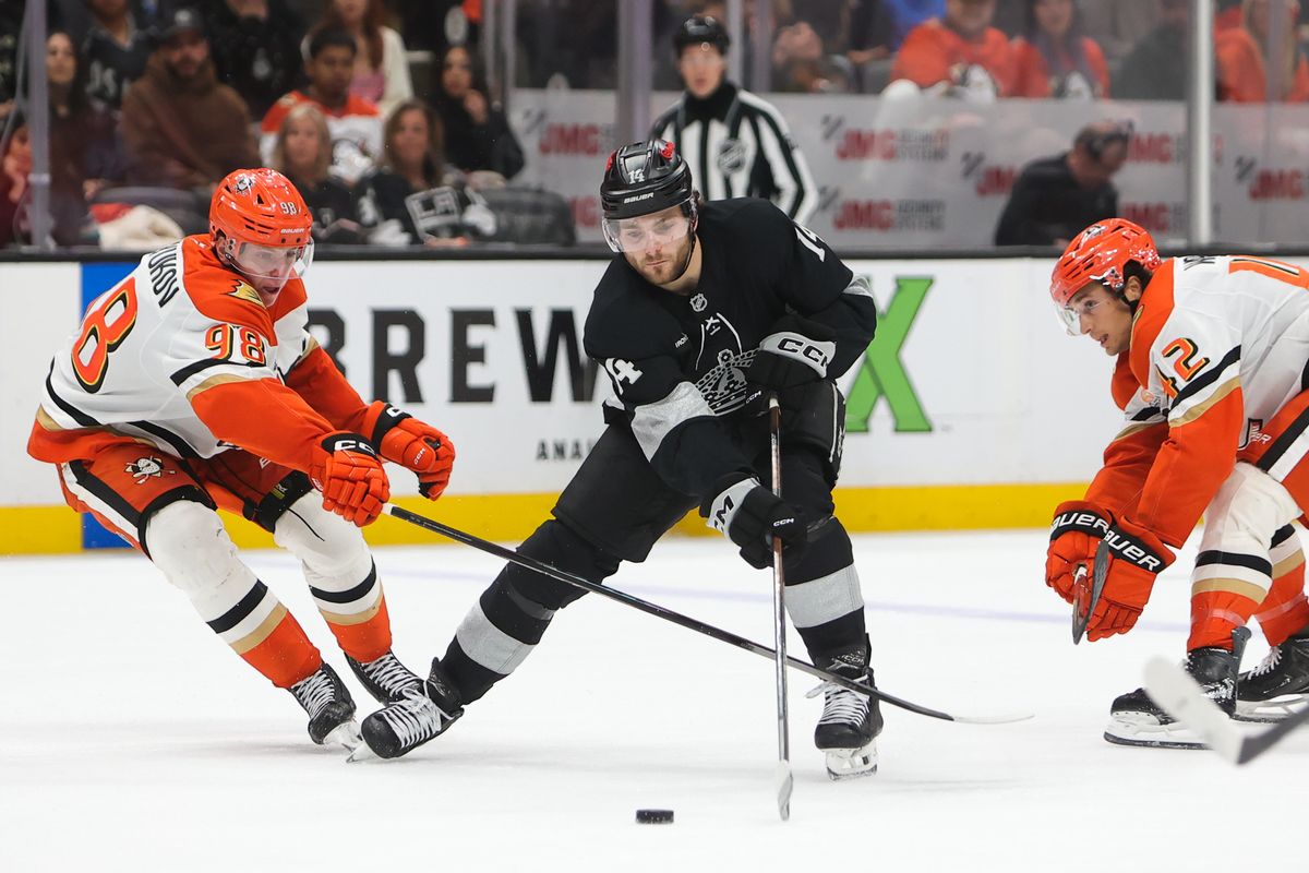 Los Angeles Kings right wing Alex Laferriere (14) skates with the puck during an NHL game against the Anaheim Ducks on January 17, 2026 in Anaheim, CA. Los Angeles Kings right wing Alex Laferriere (14) skates with the puck during an NHL game against the Anaheim Ducks on January 17, 2026 in Anaheim, CA.