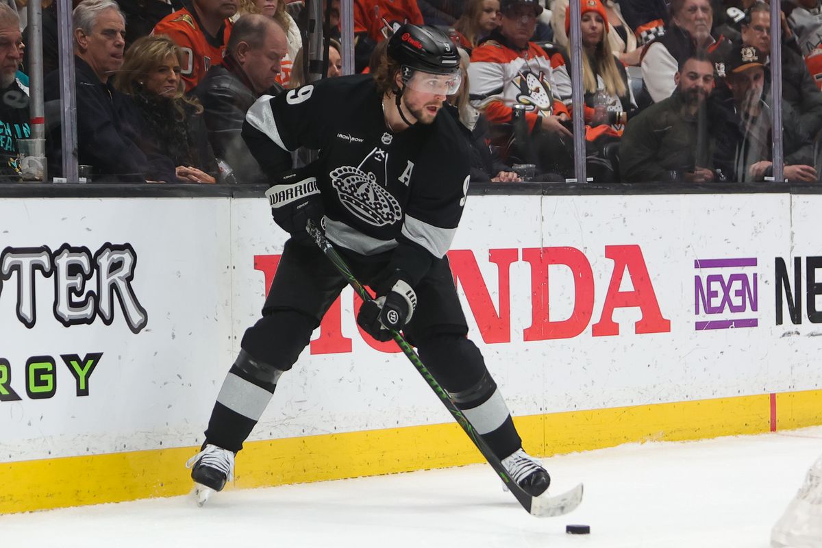 Los Angeles Kings right wing Adrian Kempe (9) sets up with the puck during an NHL game against the Anaheim Ducks on January 17, 2026 in Anaheim, CA. Los Angeles Kings right wing Adrian Kempe (9) sets up with the puck during an NHL game against the Anaheim Ducks on January 17, 2026 in Anaheim, CA.