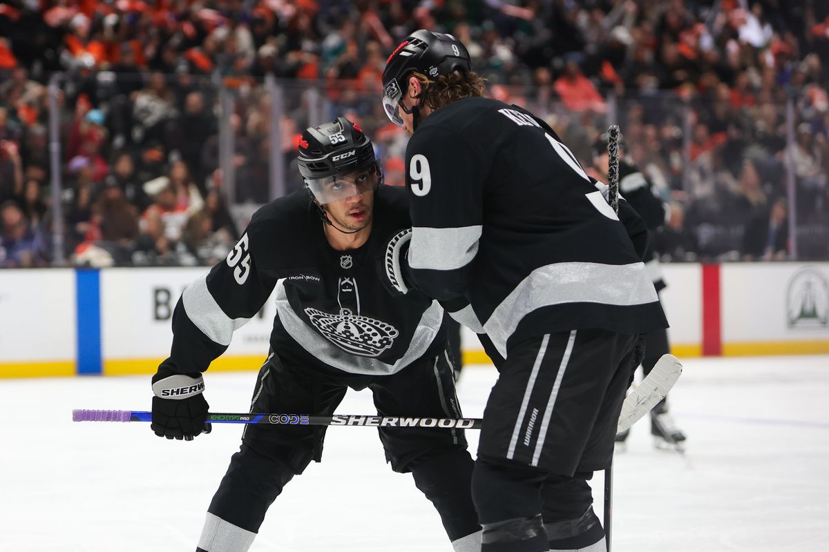 Los Angeles Kings right wing Adrian Kempe (9) discusses strategy with teammate right wing Quinton Byfield (55) during an NHL game against the Anaheim Ducks on January 17, 2026 in Anaheim, CA. Los Angeles Kings right wing Adrian Kempe (9) discusses strategy with teammate right wing Quinton Byfield (55) during an NHL game against the Anaheim Ducks on January 17, 2026 in Anaheim, CA.