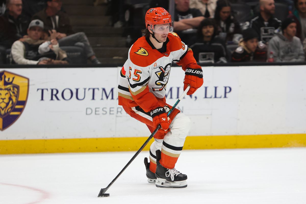 Anaheim Ducks defenseman Jacob Trouba (65) skates with the puck during an NHL game against the Los Angeles Kings on January 17, 2026 in Anaheim, CA. Anaheim Ducks defenseman Jacob Trouba (65) skates with the puck during an NHL game against the Los Angeles Kings on January 17, 2026 in Anaheim, CA.
