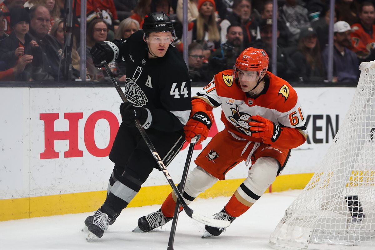 Los Angeles Kings defenseman Mikey Anderson (44) and Anaheim Ducks left wing Cutter Gauthier (61) chase after the puck during an NHL game against on January 17, 2026 in Anaheim, CA. Los Angeles Kings defenseman Mikey Anderson (44) and Anaheim Ducks left wing Cutter Gauthier (61) chase after the puck during an NHL game against on January 17, 2026 in Anaheim, CA.