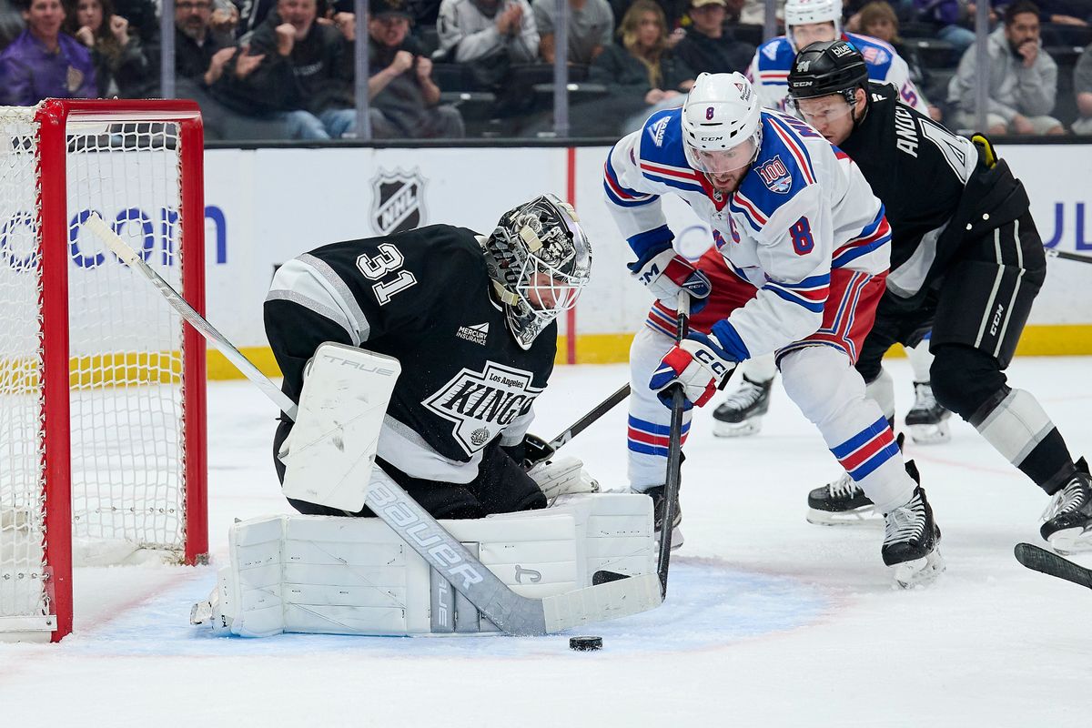 The Los Angeles Kings goaltender Anton Forsberg (31) makes a save against the New York Rangers at the Crypto Arena on January 20th, 2026 in Los Angeles California. The Los Angeles Kings goaltender Anton Forsberg (31) makes a save against the New York Rangers at the Crypto Arena on January 20th, 2026 in Los Angeles California.