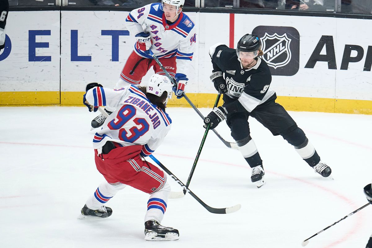 The Los Angeles Kings right wing Adrian Kempe (9) clears the puck against the New York Rangers at the Crypto Arena on January 20th, 2026 in Los Angeles California. The Los Angeles Kings right wing Adrian Kempe (9) clears the puck against the New York Rangers at the Crypto Arena on January 20th, 2026 in Los Angeles California.