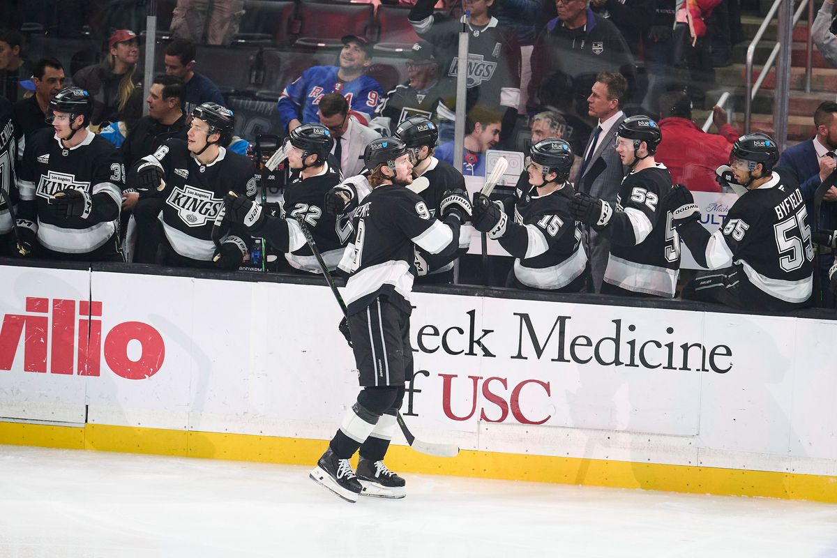 The Los Angeles Kings center Adrian Kempe (9) celebrates a goal against the New York Rangers at the Crypto Arena on January 20th, 2026 in Los Angeles California. The Los Angeles Kings center Adrian Kempe (9) celebrates a goal against the New York Rangers at the Crypto Arena on January 20th, 2026 in Los Angeles California.