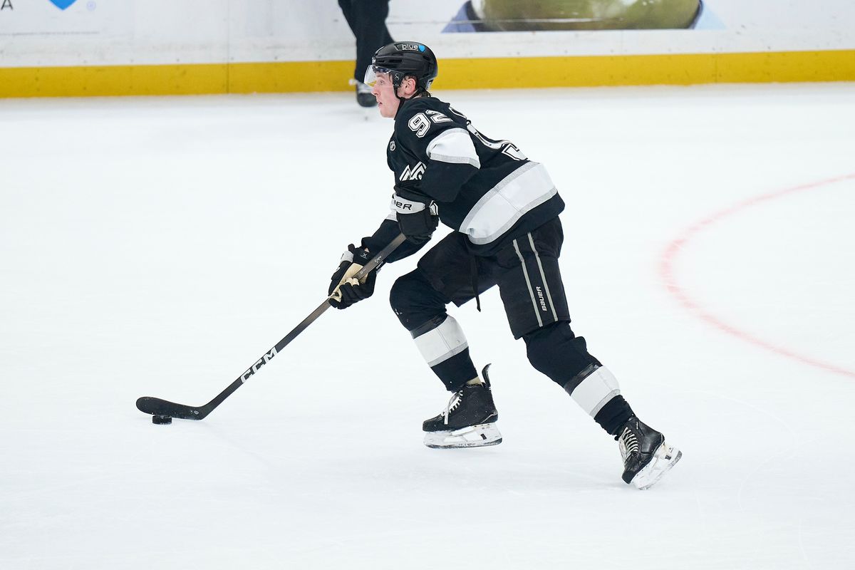 The Los Angeles Kings defender Brandt Clarke (92) skates with the puck against the New York Rangers at the Crypto Arena on January 20th, 2026 in Los Angeles California. The Los Angeles Kings defender Brandt Clarke (92) skates with the puck against the New York Rangers at the Crypto Arena on January 20th, 2026 in Los Angeles California.