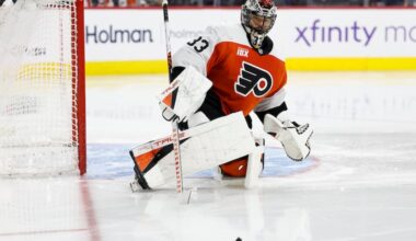 Flyers goaltender Samuel Ersson watches the puck during the loss to the Tampa Bay Lightning on Saturday.