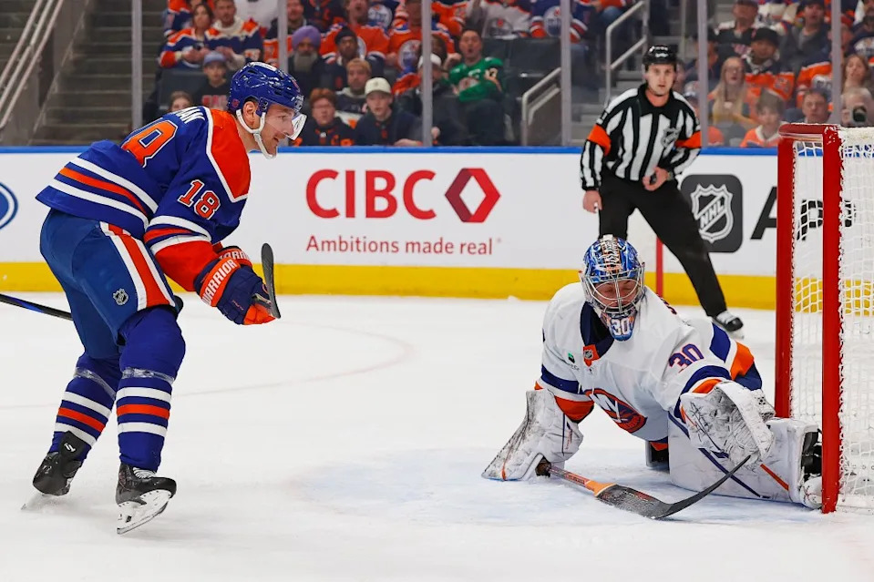 Ilya Sorokin makes a save on Zach Hyman’s shot during the first period of the Islanders’ 1-0 road win over the Oilers at Rogers Place on Jan. 15, 2026. Perry Nelson-Imagn Images