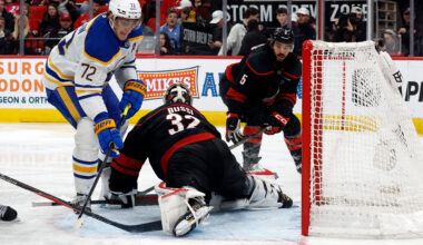Brandon Bussi makes 17 saves for his 18th win as the Hurricanes beat the Sabres 2-1