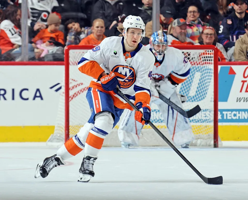 Max Shabanov #49 of the New York Islanders skates against the Philadelphia Flyers at the Xfinity Mobile Arena on January 26, 2026 in Philadelphia, Pennsylvania. NHLI via Getty Images