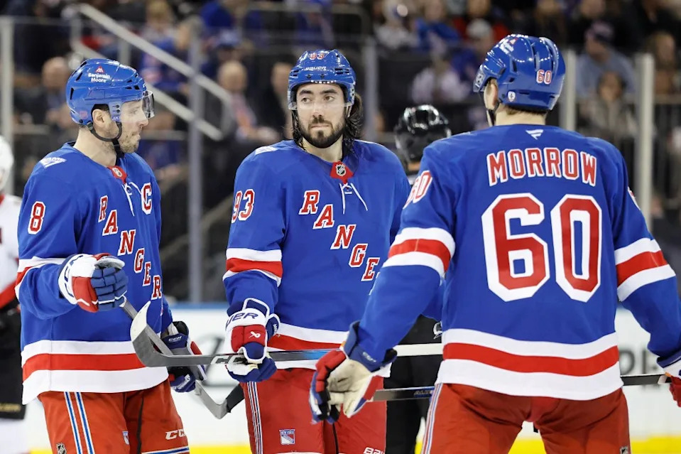J.T. Miller (left), Mika Zibanejad and Scott Morrow react on the ice during the second period of the Rangers’ loss to the Senators at Madison Square Garden on Jan. 14, 2026. JASON SZENES/ NY POST