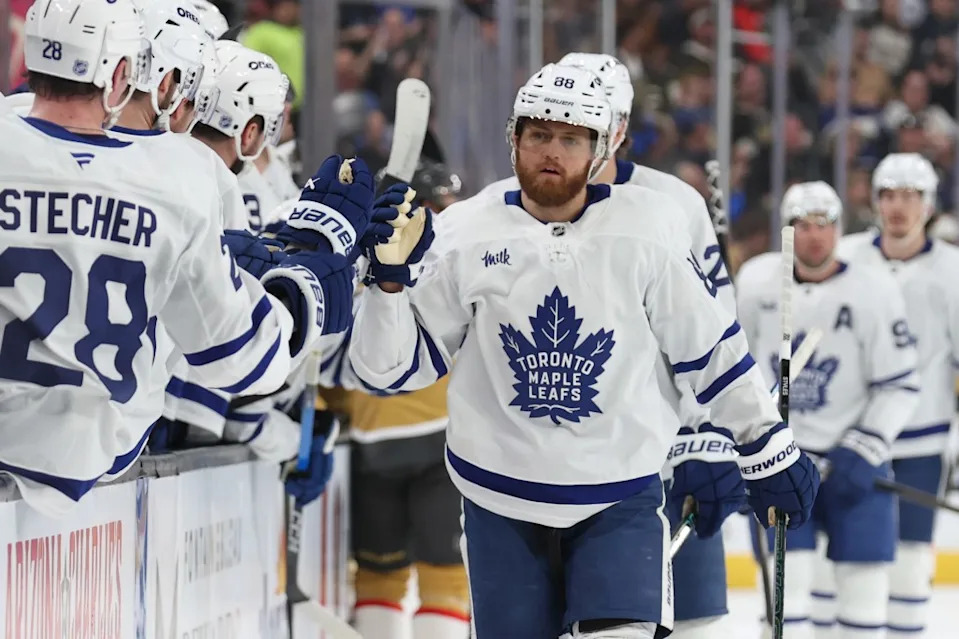 William Nylander #88 of the Toronto Maple Leafs celebrates with teammates after a goal during the first period against the Vegas Golden Knights at T-Mobile Arena on January 15, 2026 in Las Vegas, Nevada. NHLI via Getty Images