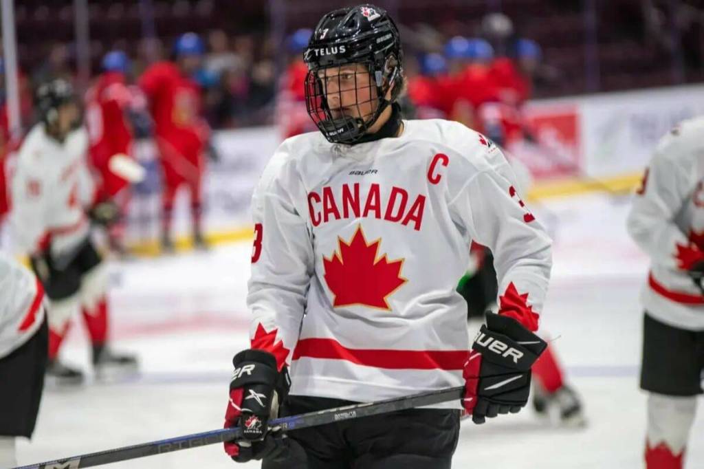 Former Victoria Royal Keaton Verhoeff, now a freshman at the University of North Dakota, is the second-ranked draft-eligible player on the continent, according to NHL Central Scouting. (Photo courtesy of Hockey Canada)