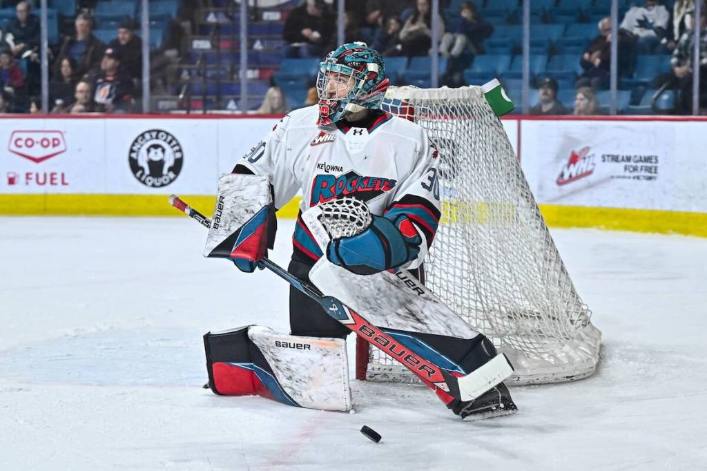 Kelowna Rockets goaltender Harrison Boettiger was listed seventh among North American goaltenders on the NHL Central Scouting&rsquo;s midterm rankings. (@reganrant/X)
