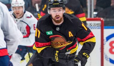 Vancouver Canucks defenceman Filip Hronek, in action during an NHL game versus the Washington Capitals on Wednesday, Jan. 21 at Rogers Arena in Vancouver. (https://x.com/Canucks photo)