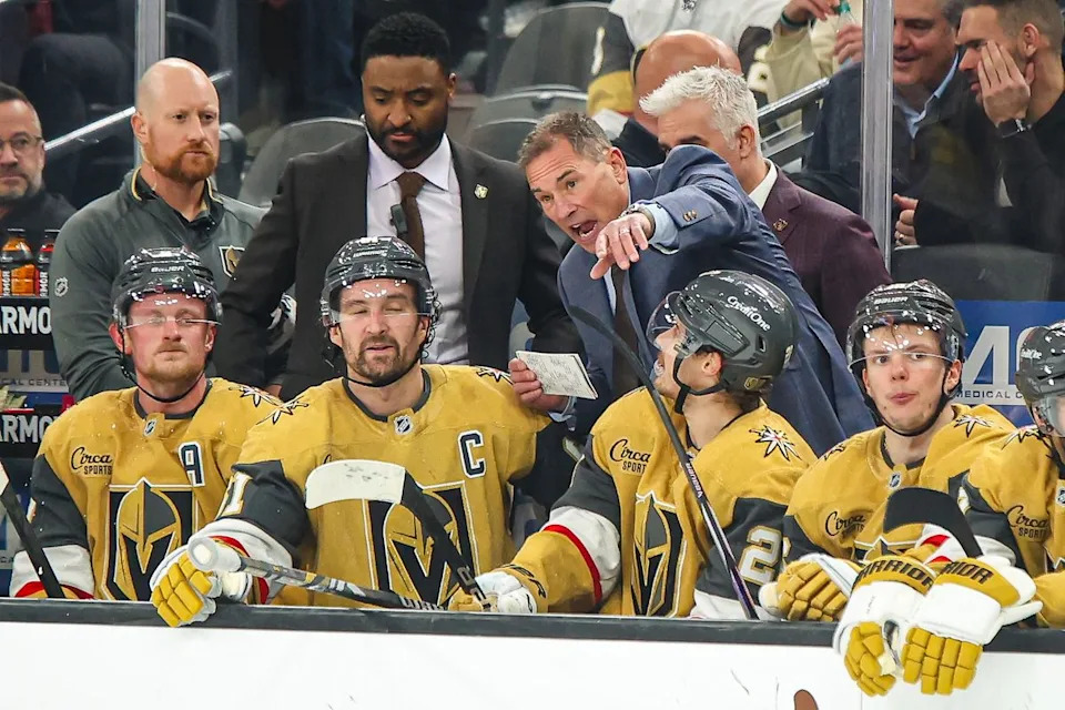 Vegas Golden Knights Head Coach Bruce Cassidy talks to his bench during a game against the Columbus Blue Jackets on Thursday January 8, 2026, in Las Vegas, Nevada.