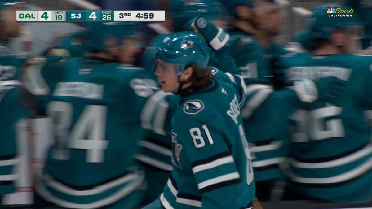 Sam Dickinson finds Adam Gaudette as Sharks tie it up vs. Stars – NBC Sports Bay Area & California