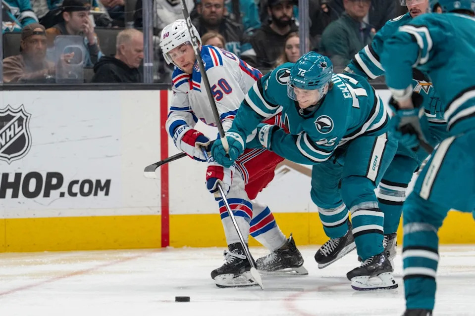 Will Cuylle (50) and William Eklund (72) battle for the puck during the third period of the Rangers’ loss to the Sharks on Jan. 23, 2026 at SAP Center at San Jose. IMAGN IMAGES via Reuters Connect