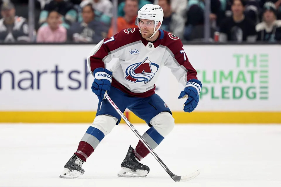 Steph Chambers/Getty Devon Toews skates against the Seattle Kraken during the first period on December 16, 2025