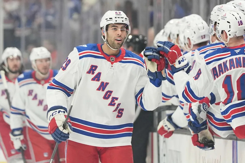 Matthew Robertson, center, celebrates his goal with teammates during the first period of an NHL hockey game against the Anaheim Ducks Monday, Jan. 19, 2026. AP