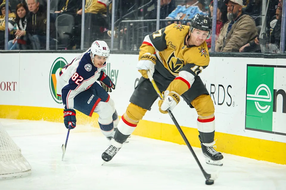 Vegas Golden Knights D Ben Hutton (17) plays the puck during an NHL game against the Columbus Blue Jackets on Thursday January 8, 2026, in Las Vegas, Nevada.