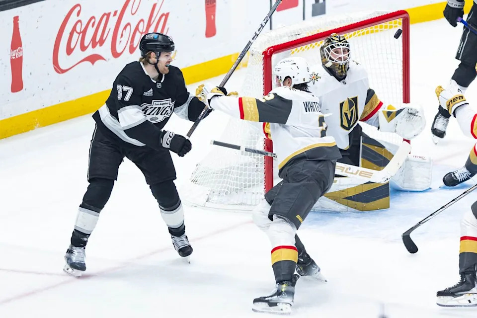 Los Angeles Kings left wing Warren Foegele (37) records a shot attempt during an NHL match against the Los Angeles Kings on January 14, 2025 in Los Angeles, Calif.