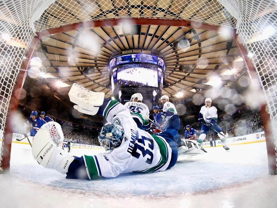 Thatcher Demko blocks the net against the New York Rangers at Madison Square Garden on Dec. 16. Canucks won 3-0.