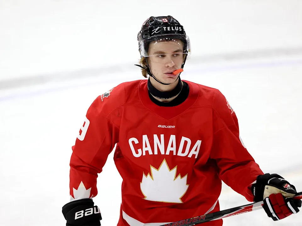  Canada forward Gavin McKenna looks on during the second period of a IIHF World Junior Hockey Championship pre-tournament game against Sweden in London, Ont., on Saturday, Dec. 20, 2025.