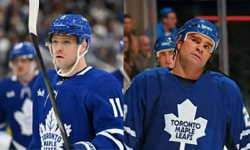 Toronto Maple Leafs forward Max Domi (left) and his father, former Maple Leafs forward Tie Domi (right).