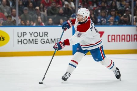 Oct 25, 2025; Vancouver, British Columbia, CAN; Montreal Canadiens defenseman Mike Matheson (8) scores on this shot against the Vancouver Canucks in the third period at Rogers Arena. Mandatory Credit: Bob Frid-Imagn Images