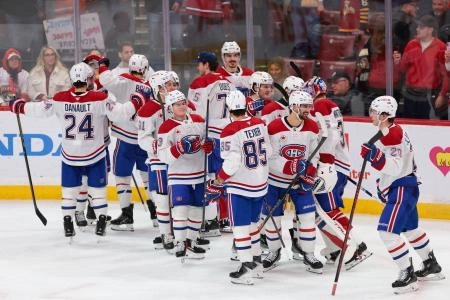 Dec 30, 2025; Sunrise, Florida, USA; Montreal Canadiens celebrate after the game against the Florida Panthers at Amerant Bank Arena. Mandatory Credit: Sam Navarro-Imagn Images Dec 30, 2025; Sunrise, Florida, USA; Montreal Canadiens celebrate after the game against the Florida Panthers at Amerant Bank Arena. Mandatory Credit: Sam Navarro-Imagn Images
