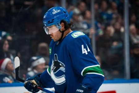 Dec 27, 2025; Vancouver, British Columbia, CAN; Vancouver Canucks forward Kiefer Sherwood (44) during a stop in play against the San Jose Sharks in the second period at Rogers Arena. Mandatory Credit: Bob Frid-Imagn Images