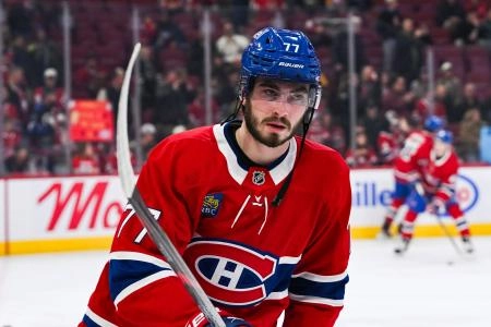 Nov 13, 2025; Montreal, Quebec, CAN; Montreal Canadiens center Kirby Dach (77) looks on during warm-up before the game against the Dallas Stars at Bell Centre. Mandatory Credit: David Kirouac-Imagn Images