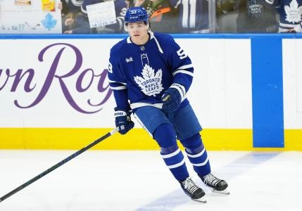 Dec 30, 2025; Toronto, Ontario, CAN; Toronto Maple Leafs right wing Easton Cowan (53) skates during the warmup before a game against the New Jersey Devils at Scotiabank Arena. Mandatory Credit: Nick Turchiaro-Imagn Images