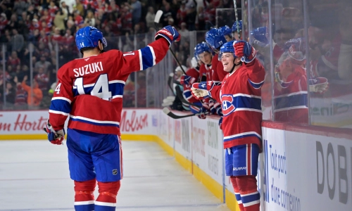Oct 14, 2025; Montreal, Quebec, CAN; Montreal Canadiens forward Cole Caufield (13) celebrates with teammate forward Nick Suzuki (14) after scoring a goal against the Seattle Kraken during the second period at the Bell Centre. Oct 14, 2025; Montreal, Quebec, CAN; Montreal Canadiens forward Cole Caufield (13) celebrates with teammate forward Nick Suzuki (14) after scoring a goal against the Seattle Kraken during the second period at the Bell Centre.